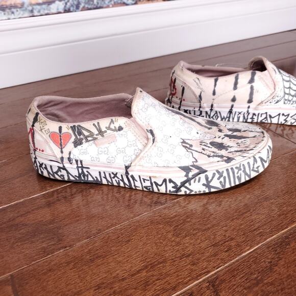 Vans Slip On Sneakers Women's 7 Pink Checkered Custom DIY Graffiti Grunge Skater - Picture 3 of 9